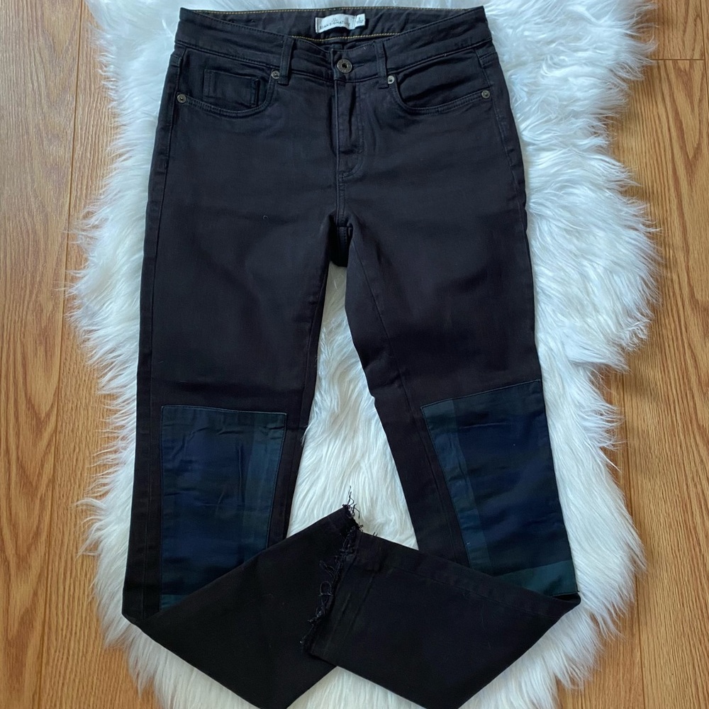 L.L. Bean Tartan Blackwatch Navy Green Plaid Knee Patch Skinny Jeans Raw Hem 2